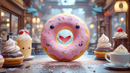 Cute Pink Donut with Sprinkles in Whimsical Dessert Café