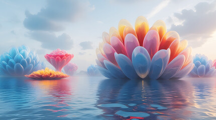 Fantasy Lotus Flowers Floating on Water at Sunrise