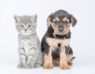 Obraz premium A gray kitten and a brown and black puppy sit side by side against a plain white backdrop.