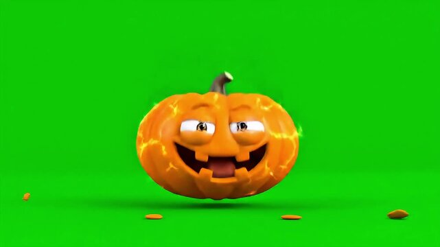Animated Halloween pumpkin character with glowing cracks and funny expressions on green screen background