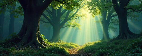 Enigmatic forest bathed in ethereal sunlight, ancient trees reaching towards a mystical sky Secrets whisper on the wind through the leaves, a sense of otherworldly magic pervades , magic, trees