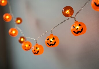 Fototapeta premium Glowing Halloween Lights: A string of festive Halloween lights casts a warm, inviting glow, perfect for setting a spooky yet cheerful atmosphere.