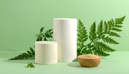 Flat lay of two white cylindrical displays showcasing sustainable vegan lifestyle products; featuring a wooden bowl of oat flour and vibrant green fern leaves against a