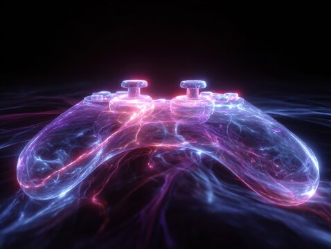 Glowing neon game controller with energy flow