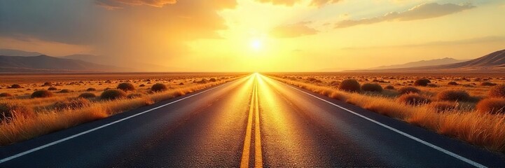 Endless asphalt ribbon stretching towards a hazy horizon, sun-drenched landscape, sense of journey and open road ahead, freedom and exploration , journey, summer, adventure