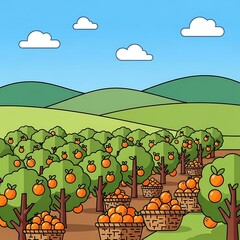 Lush orange grove scenery under a blue sky, brimming with ripe fruit in woven baskets creating a vibrant harvest