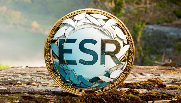 A decorative gold-framed medallion, featuring the letters ESR, sits atop a rustic wooden log, against a blurred background of a tranquil natural scene.