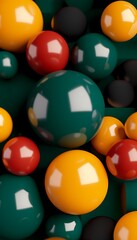 A vibrant arrangement of glossy spheres in various colors, including red, green, yellow, and black, creating a visually appealing abstract composition.