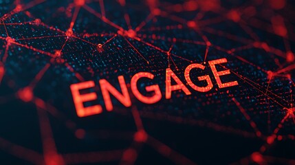 A vibrant digital graphic featuring the word "ENGAGE," surrounded by a network of red and blue lights suggesting connectivity and interaction.
