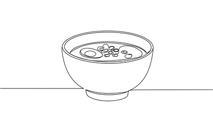 Outline illustration of a bowl of soup with circular ingredients  