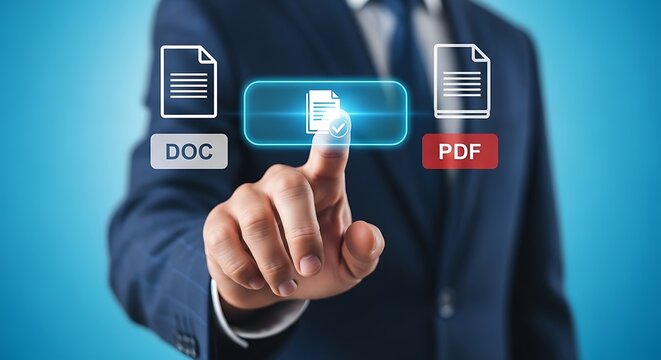 Businessman pressing button to convert doc to pdf file format
