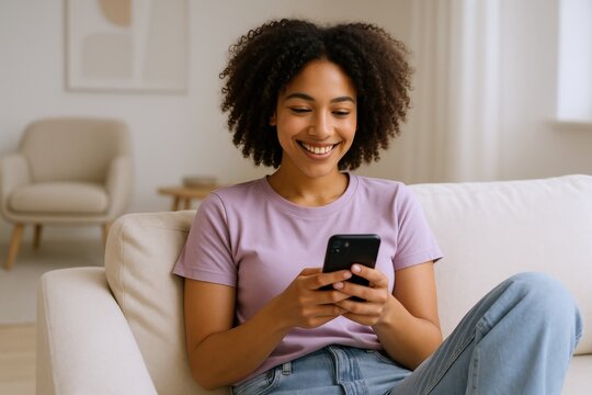 Happy African American Woman Relaxing on Couch at Home Using Smartphone for Social Media