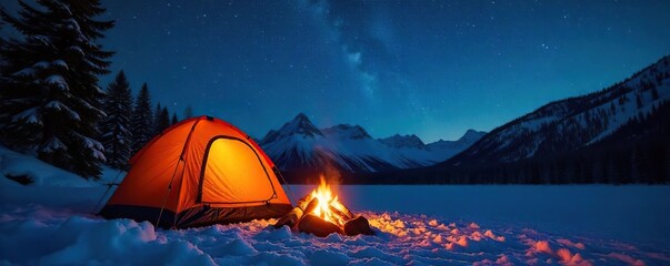 Cozy camping scene at night, warm firelight illuminating a tent and sleeping bags under a starlit sky  Perfect for winter camping or outdoor adventures ,  outdoors,  serenity,  mountain