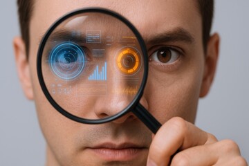 Man with Magnifying Glass Analyzing Futuristic HUD Graphics, Digital Interface, Data Visualization, Technology Concept