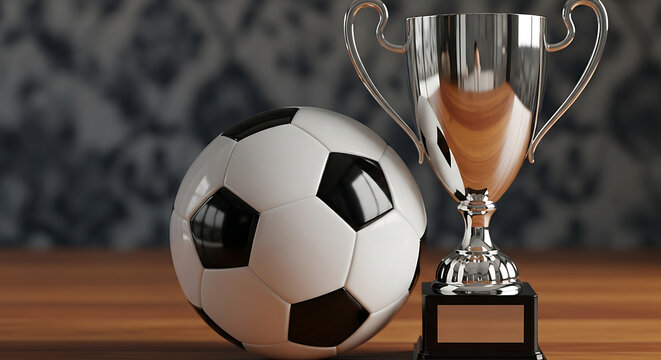 Dynamic view of a polished football and an elegant silver prize cup, representing victory and athletic spirit in sports competition - Powered by Adobe