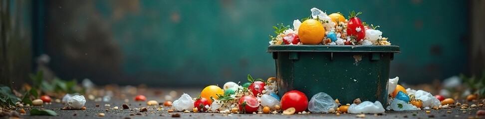 Discarded waste overflowing from a bin, creating a messy and unkempt scene  The overflowing trash represents carelessness and disregard for cleanliness ,  uncleanliness,  refuse,  environmental