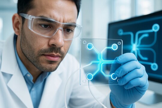 Scientist analyzing futuristic transparent microchip with glowing blue circuit in modern laboratory, digital interface on background screen. Ai generative
