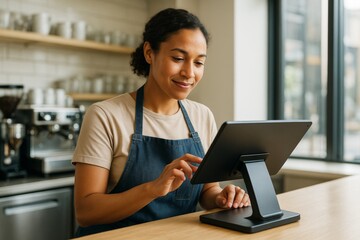 Barista using digital touchscreen device at coffee shop counter with bright interior background and modern technology concept focus. Ai generative