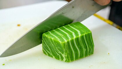 A knife slices through a vibrantly green, layered confectionery, showcasing its intricate striped design on a white cutting board.