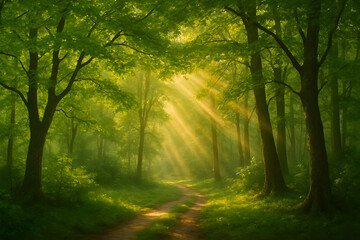 Naklejka premium Sunlight streams through lush green forest canopy onto a winding path