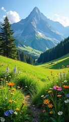 Serene meadow nestled in a majestic mountain range, wildflowers in bloom, sunlit landscape, peaceful nature scene Perfect for travel, nature, and environmental projects , wildflowers, horizon, scenic