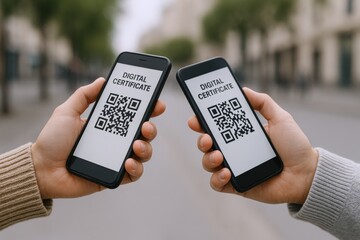Hands Holding Smartphones Displaying Digital Certificate QR Codes for Verification and Validation in Public Space