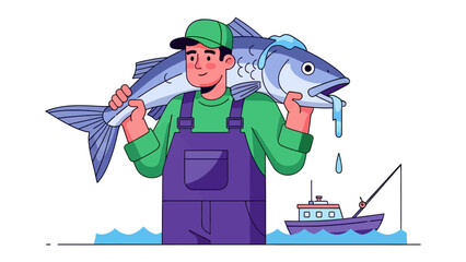 Triumphant Angler with Catch: A fisherman, with cap and overalls, stands proudly, his posture showing strength as he carries his impressive catch. His boat awaits in the distance.