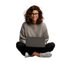 Young Caucasian woman sitting on floor using open laptop, isolated on white or transparent background