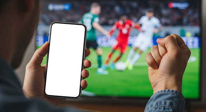 Man Watching Soccer Game on TV, Holding Smartphone with Blank Screen