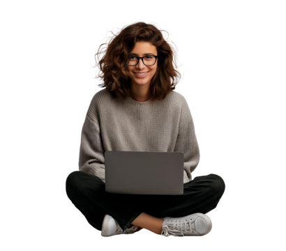 Young Caucasian woman sitting on floor using open laptop, isolated on white or transparent background