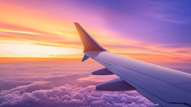 Airplane wing sunset sky clouds flight