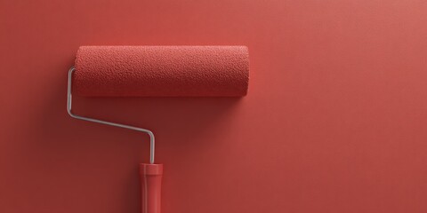 Obraz premium Red Paint Roller on Wall: DIY Home Improvement, Renovation and Decoration Concept