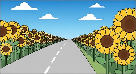 Rural road winding through endless sunflower fields under blue skies