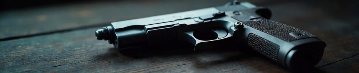 Close-up view of a handgun, metallic, lying on a dark wooden surface The focus is sharp on the weapon, highlighting its details and texture The overall mood is somber and serious , somber, illegal