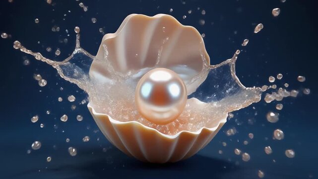 Pearl in an Oyster Shell with Water Splash on Blue Background