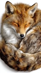 Fototapeta premium Fox Curled Up Sleeping Peacefully with Warm Brown and White Fur in a Cozy Position