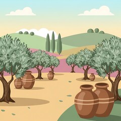 Serene olive grove illustration with traditional pottery vessels