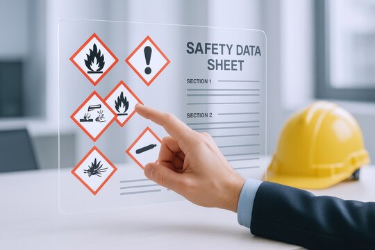 Safety Data Sheet (SDS) Review on Transparent Display with Hand Pointing to Hazard Symbols and Hard Hat