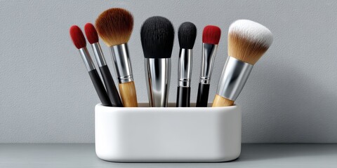3D Illustration of a Makeup Brush Set Arranged in a Sleek Holder Against a Textured Grey Background