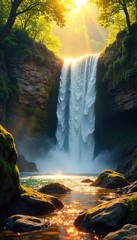 Golden sunlight illuminates a cascading waterfall, creating a breathtaking display of nature's beauty The water sparkles and shimmers, a vibrant scene of pristine wilderness , clean, shimmer, peace
