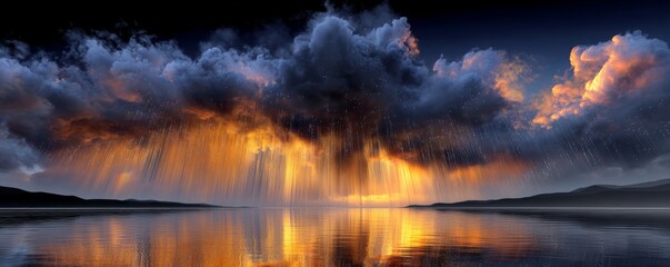 3D Illustration of Rain Falling on a Still Lake at Sunset with Dramatic Clouds and Shimmering Water Surface
