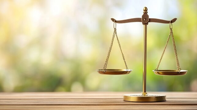 Golden scales of justice on table with natural background - Powered by Adobe