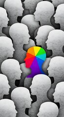 Obraz premium A crowd of gray heads with one colorful head standing out from the rest in a unique way design