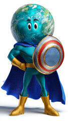 Cartoon-Style Earth Character in Superhero Outfit with Cape and Shield Portraying Playful Heroism