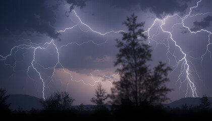 Spectacular Lightning Storm: A breathtaking capture of a dramatic lightning storm illuminates the sky. The electrifying spectacle of nature's power, showcasing a sky filled with intense energy