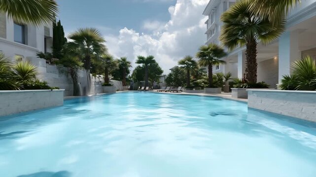 Luxurious hotel resort with inviting pool and palm trees