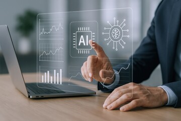 AI Integration in Business: Man Interacting with Artificial Intelligence Interface on Laptop Screen