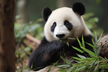 Fototapeta premium Giant Panda Eating Bamboo Shoots in Natural Habitat, Close Up Wildlife Conservation Concept
