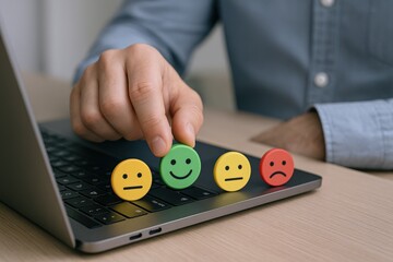 Customer Feedback: Hand Placing Smiling Emoticon on Laptop for Positive Online Review Assessment