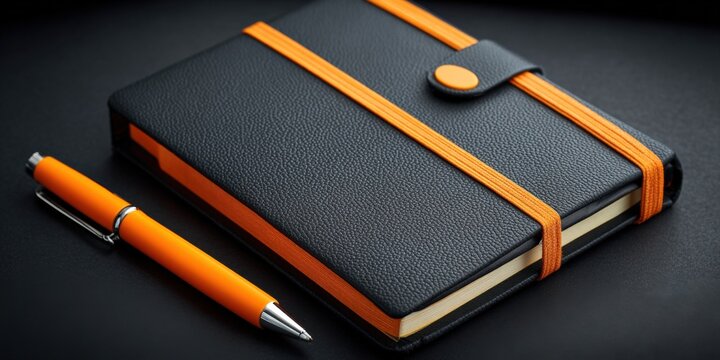 Elegant Black Leather Journal with Orange Pen on Dark Background for Business and Productivity